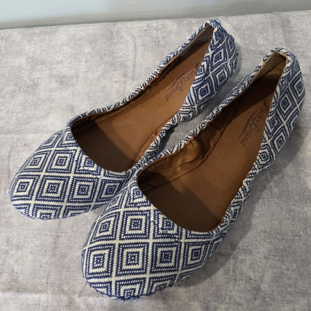 Lucky Brand Womens Flats Size 9 Blue White Geometric Woven Textile Ballet Shoes
